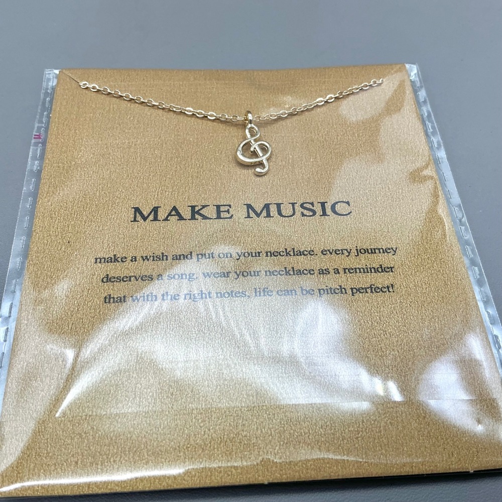 Treble Clef Music Note Charm Necklace Women Gold Tone Make Music Wish Card 18"
